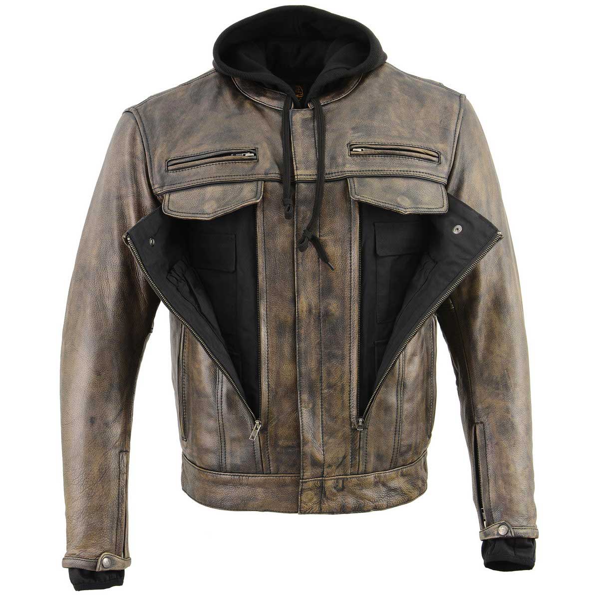 Men's Distressed Brown Leather ‘Utility Pocket’ Vented Jacket with Removable Hoodie