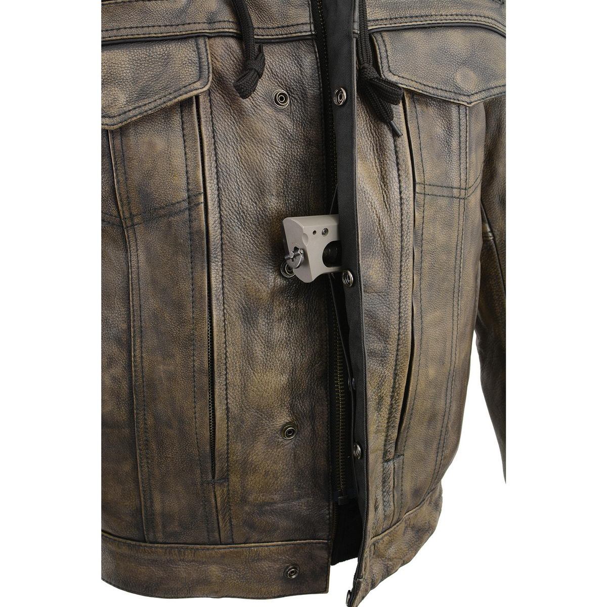 Men's Distressed Brown Leather ‘Utility Pocket’ Vented Jacket with Removable Hoodie