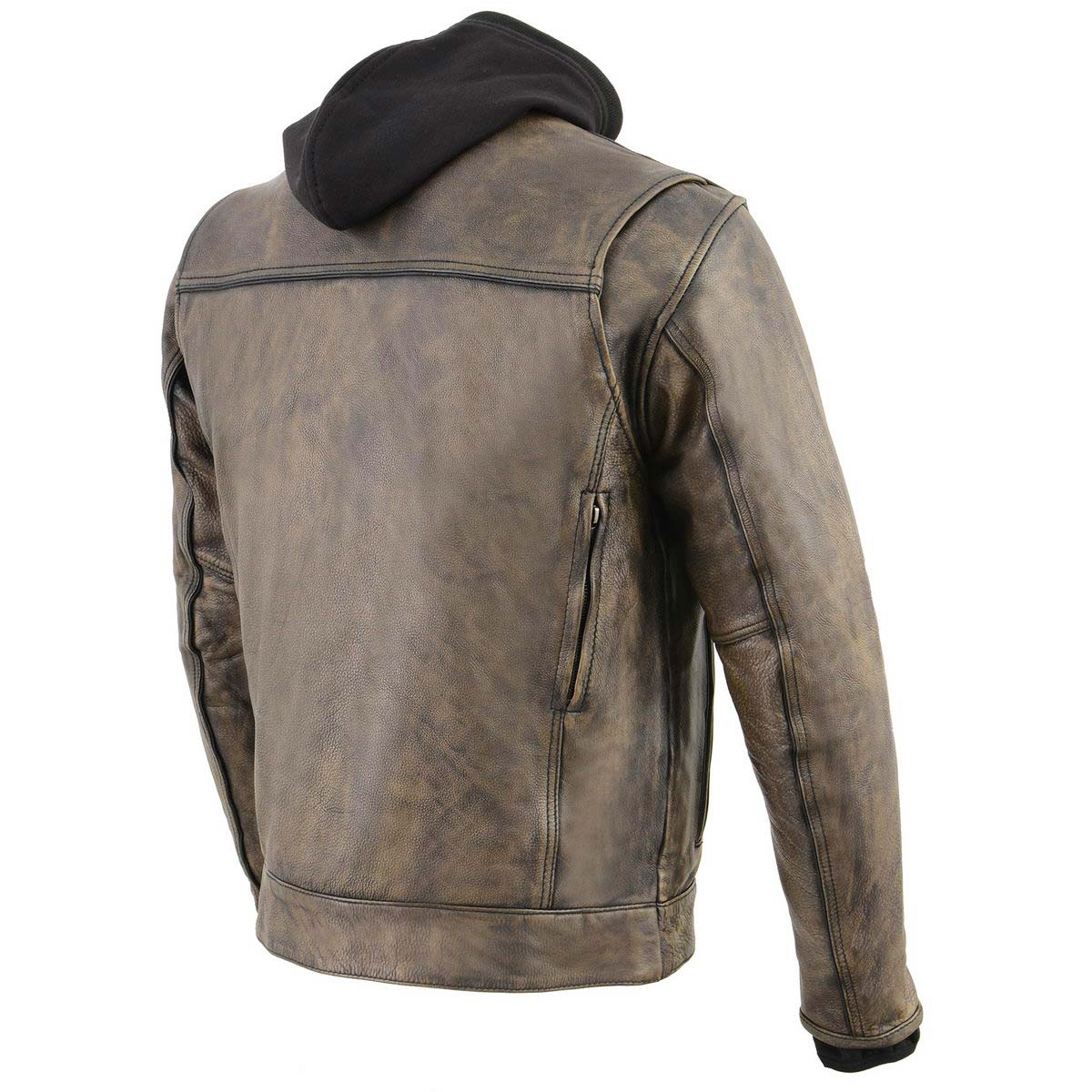 Men's Distressed Brown Leather ‘Utility Pocket’ Vented Jacket with Removable Hoodie