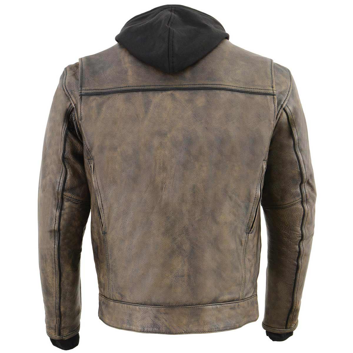 Men's Distressed Brown Leather ‘Utility Pocket’ Vented Jacket with Removable Hoodie