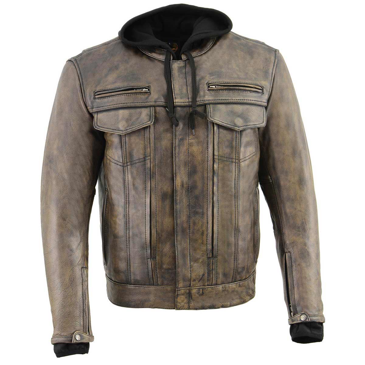 Men's Distressed Brown Leather ‘Utility Pocket’ Vented Jacket with Removable Hoodie