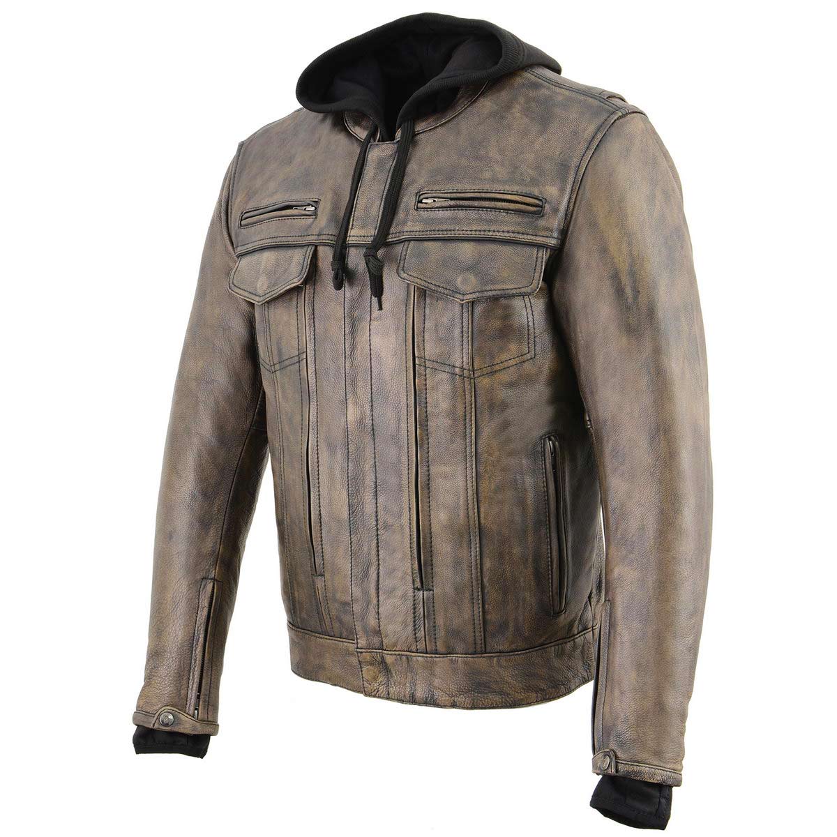 Men's Distressed Brown Leather ‘Utility Pocket’ Vented Jacket with Removable Hoodie