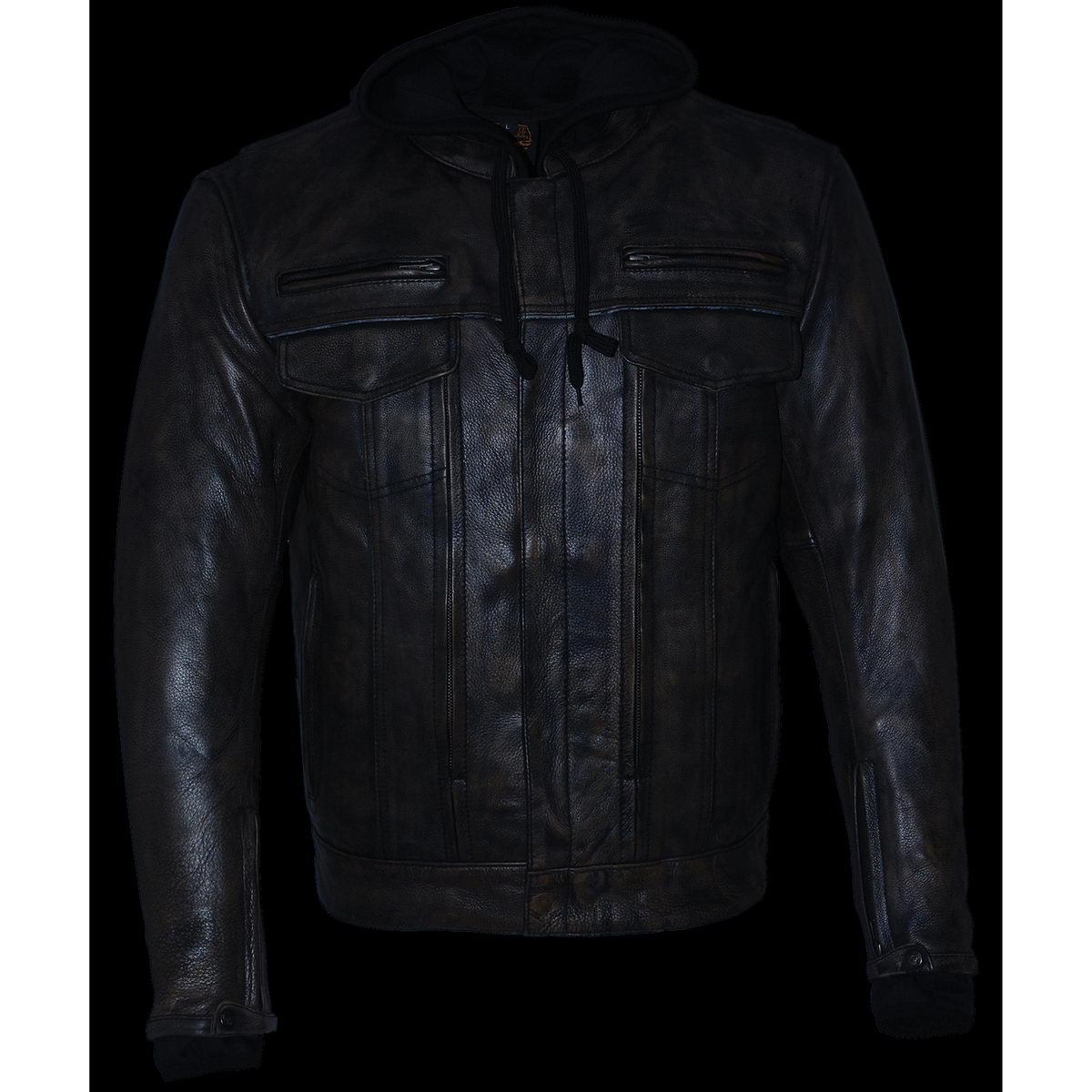 Men's Distressed Brown Leather ‘Utility Pocket’ Vented Jacket with Removable Hoodie