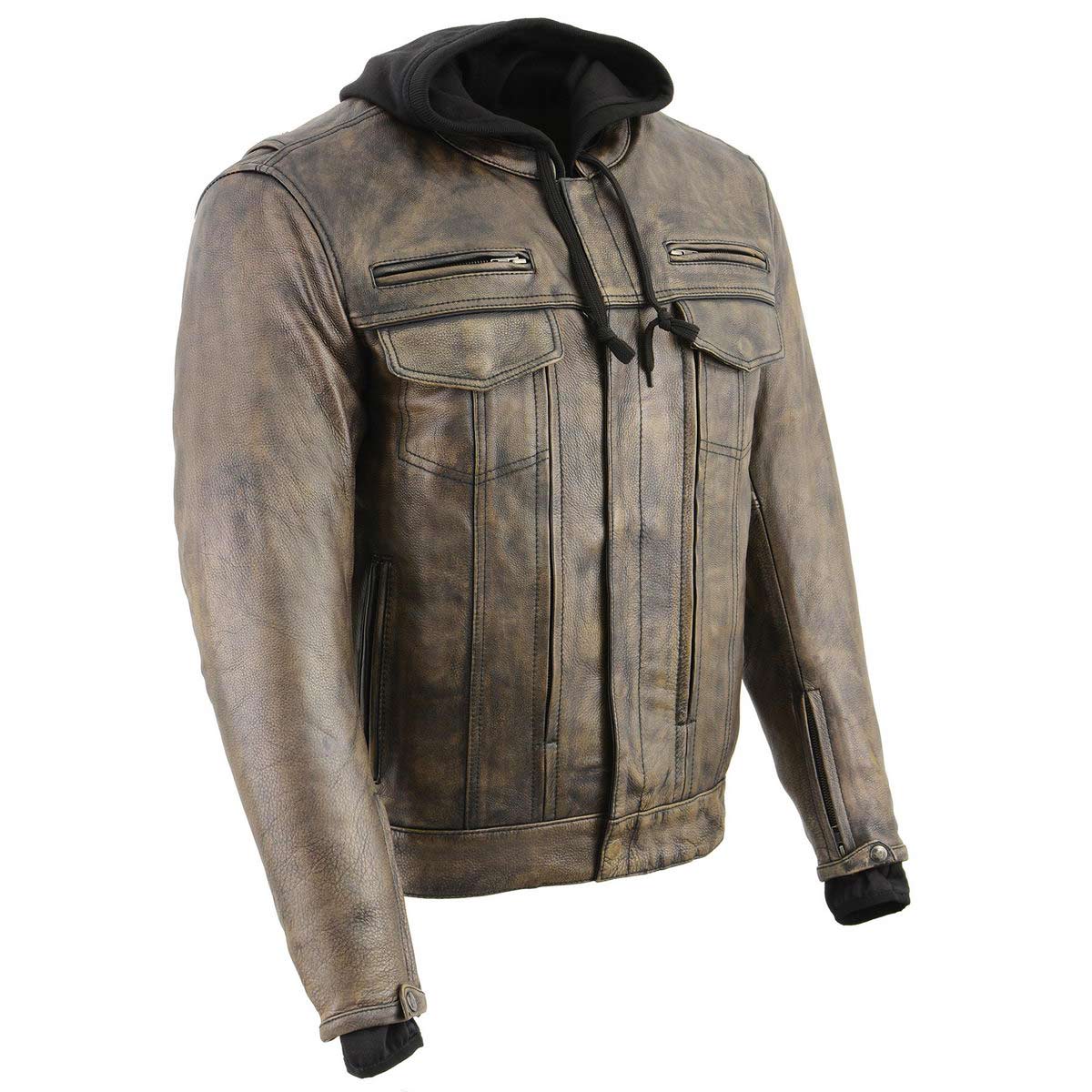 Men's Distressed Brown Leather ‘Utility Pocket’ Vented Jacket with Removable Hoodie