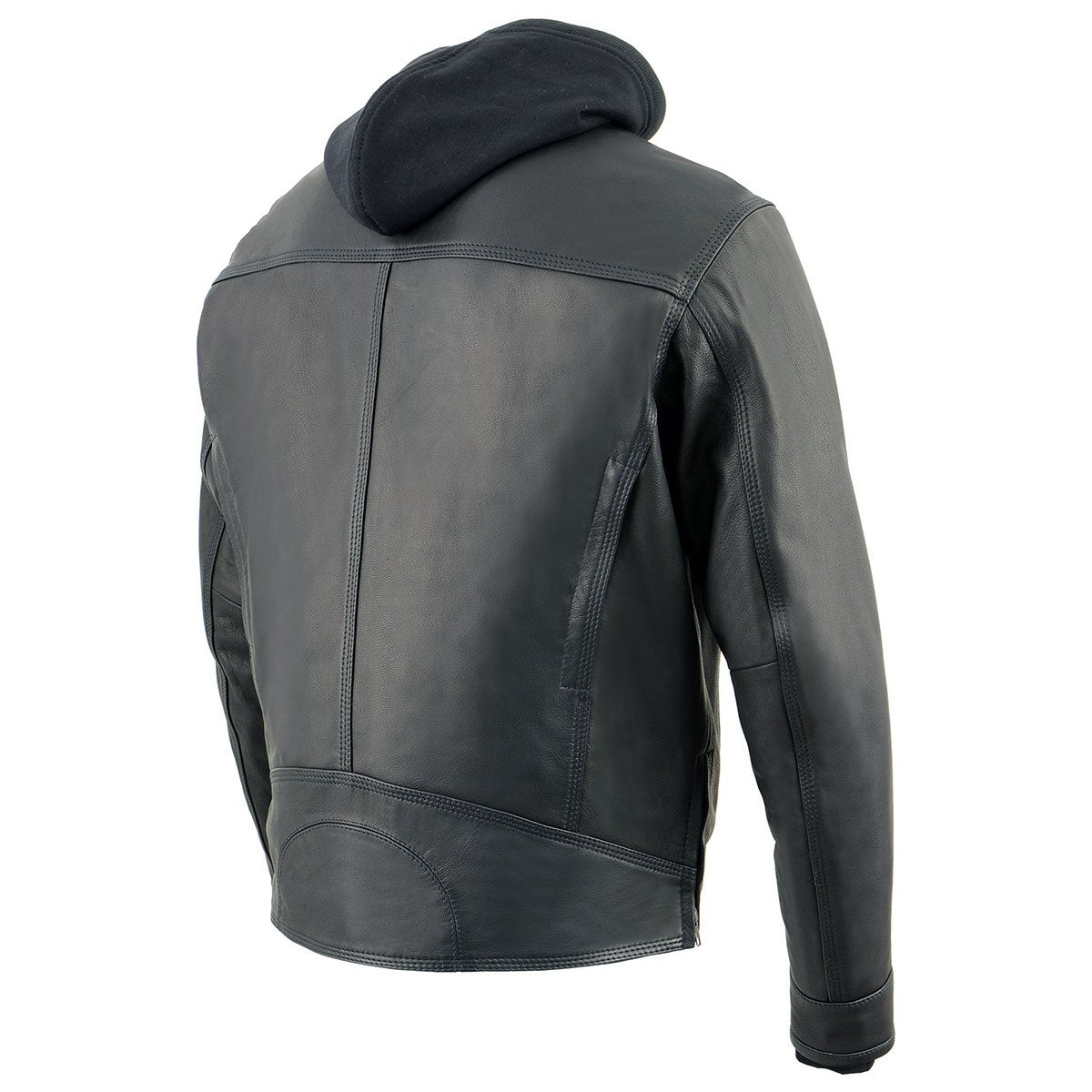 Men's Black Leather ‘Utility Pocket’ Vented Jacket with Removable Hoodie