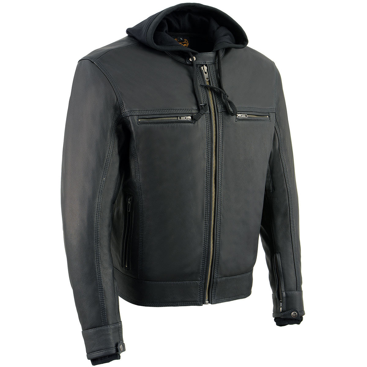Men's Black Leather ‘Utility Pocket’ Vented Jacket with Removable Hoodie