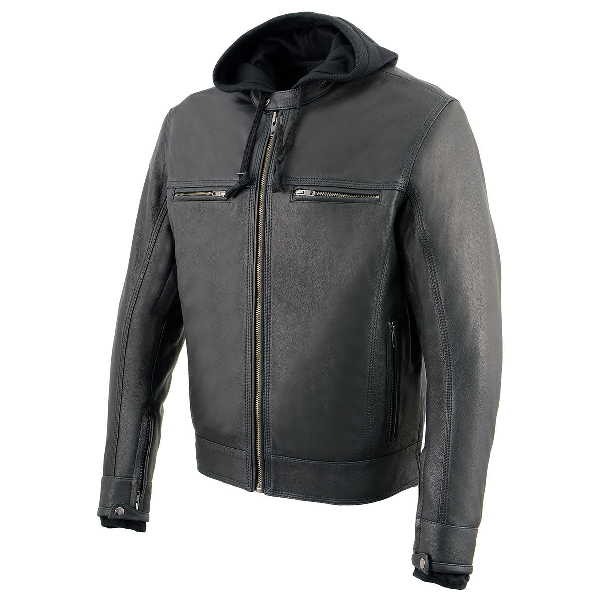 Men's Black Leather ‘Utility Pocket’ Vented Jacket with Removable Hoodie