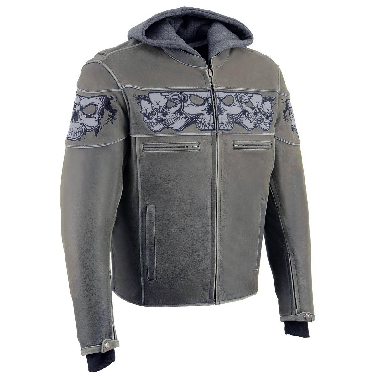 Men's Distressed Grey Leather Jacket with Reflective Skulls