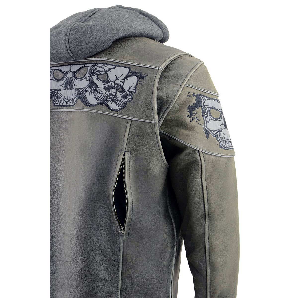 Men's Distressed Grey Leather Jacket with Reflective Skulls