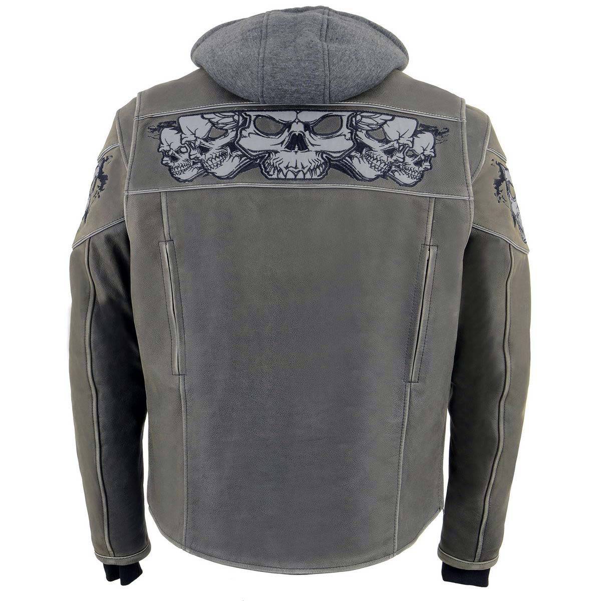 Men's Distressed Grey Leather Jacket with Reflective Skulls