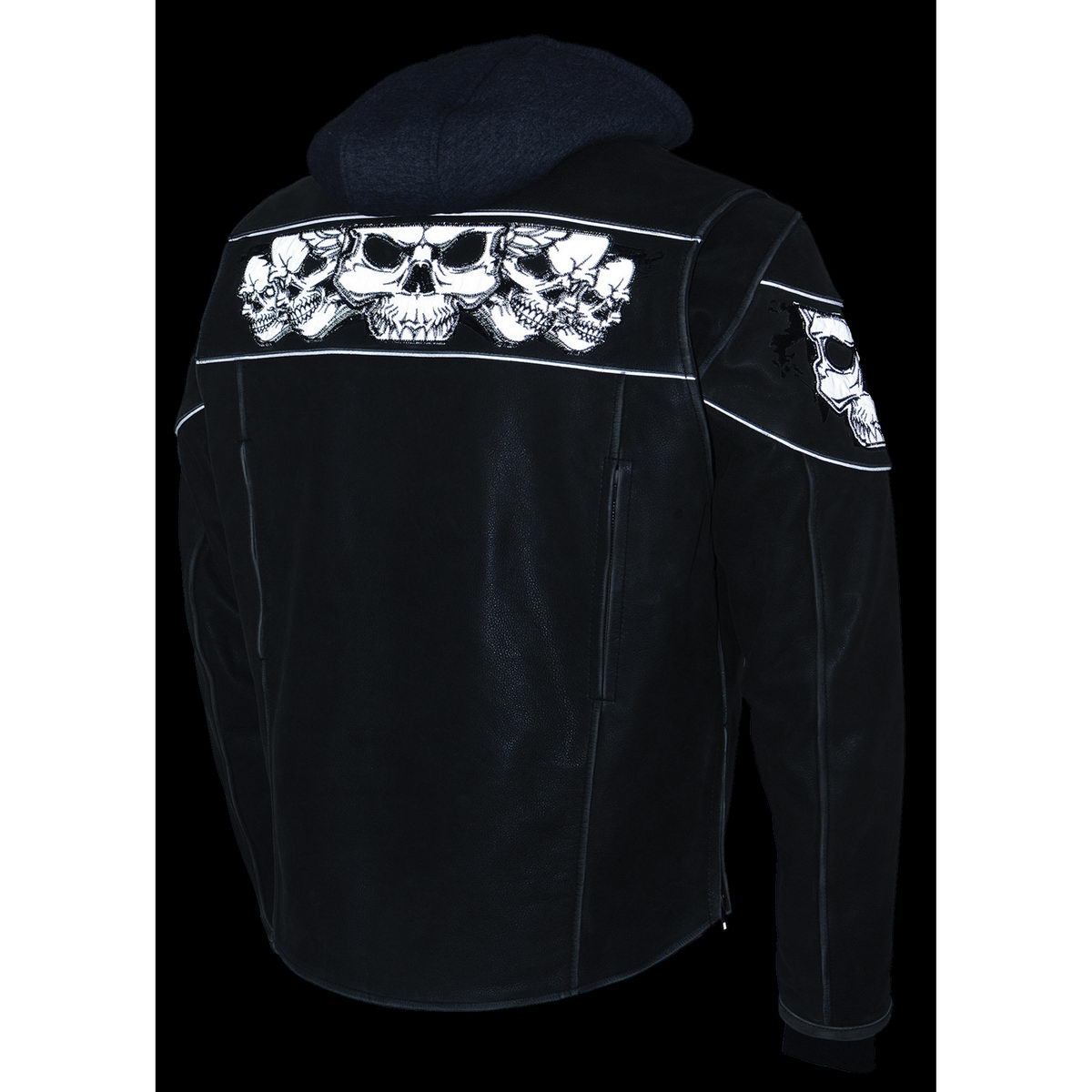 Men's Distressed Grey Leather Jacket with Reflective Skulls