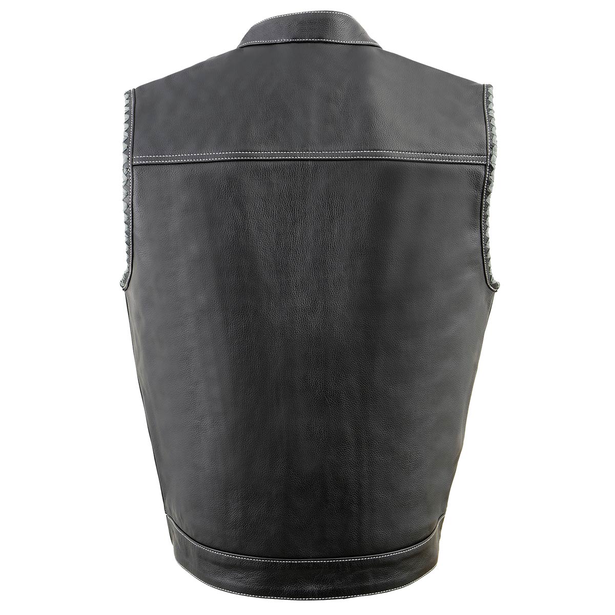 Men’s ‘Old Glory’ Black Leather with Grey Stitching Vest and Laced Arm Holes