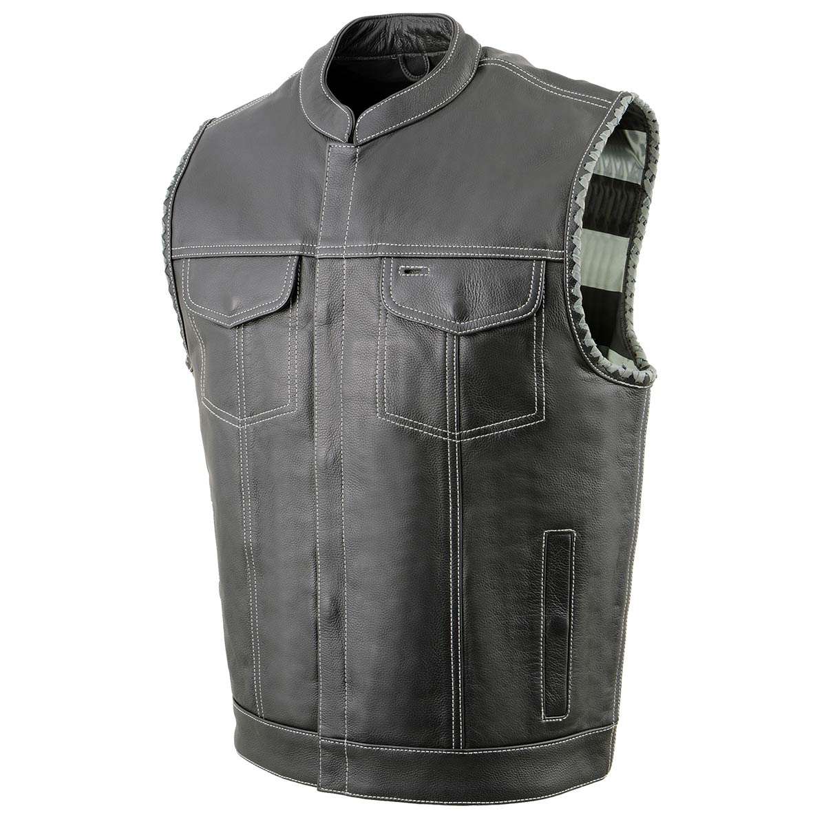 Men’s ‘Old Glory’ Black Leather with Grey Stitching Vest and Laced Arm Holes