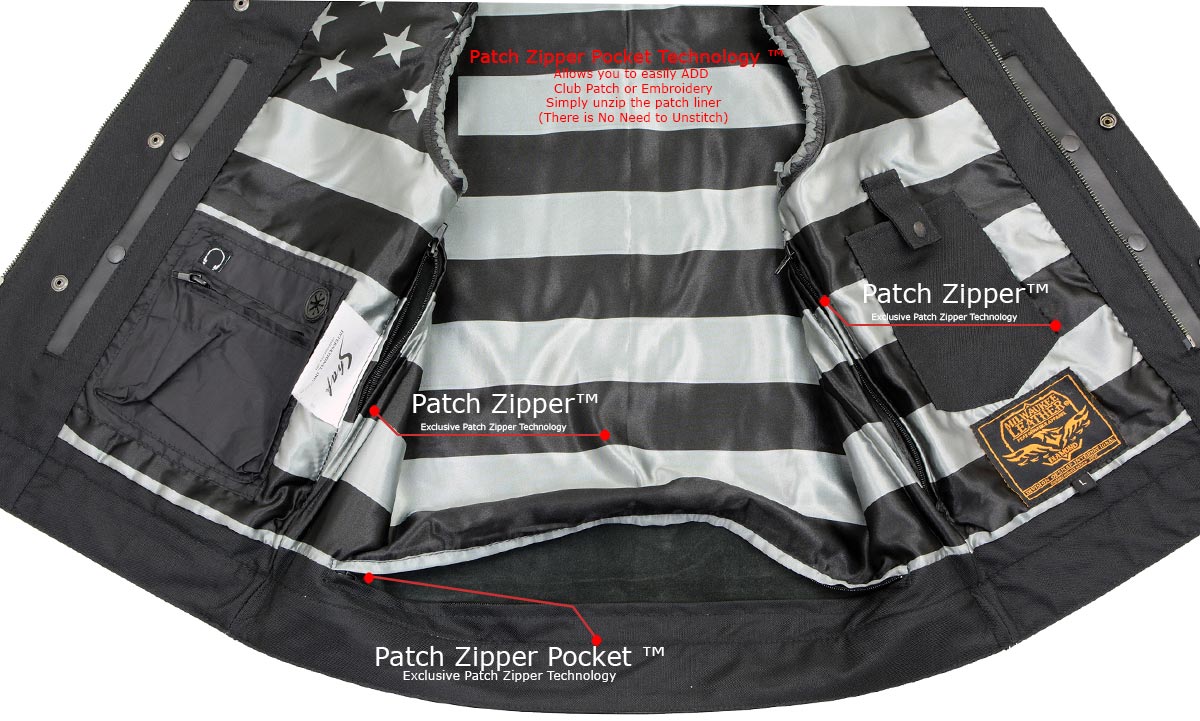 Men’s ‘Old Glory’ Black Leather with Grey Stitching Vest and Laced Arm Holes