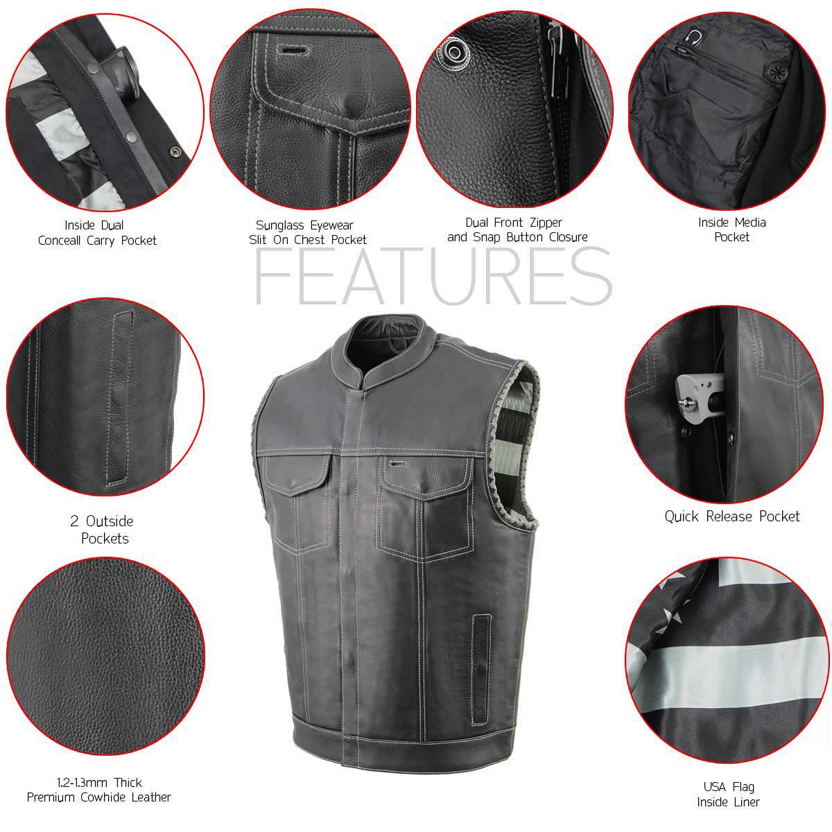 Men’s ‘Old Glory’ Black Leather with Grey Stitching Vest and Laced Arm Holes