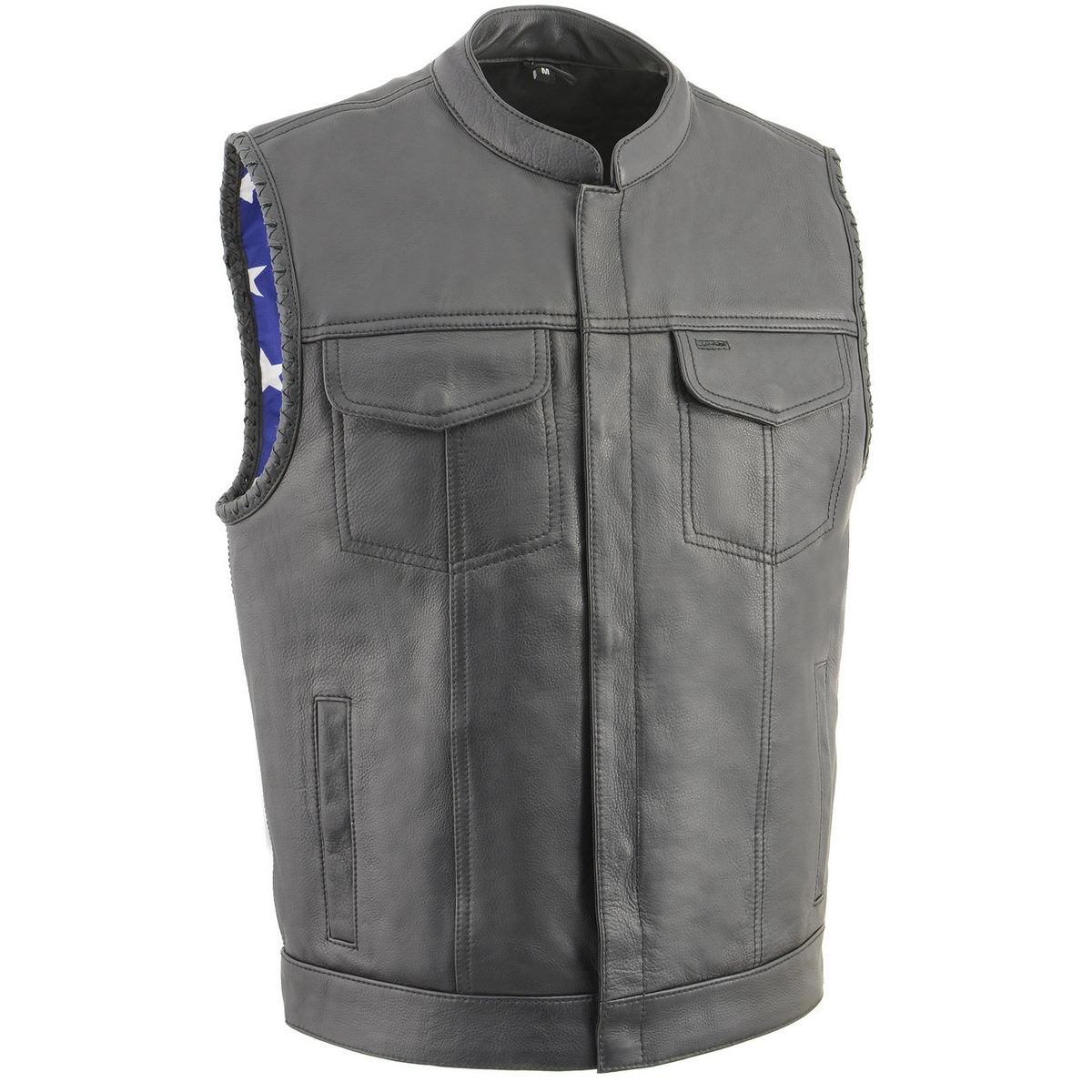 Men’s ‘Old Glory’ Black Leather Vest with Laced Arm Holes