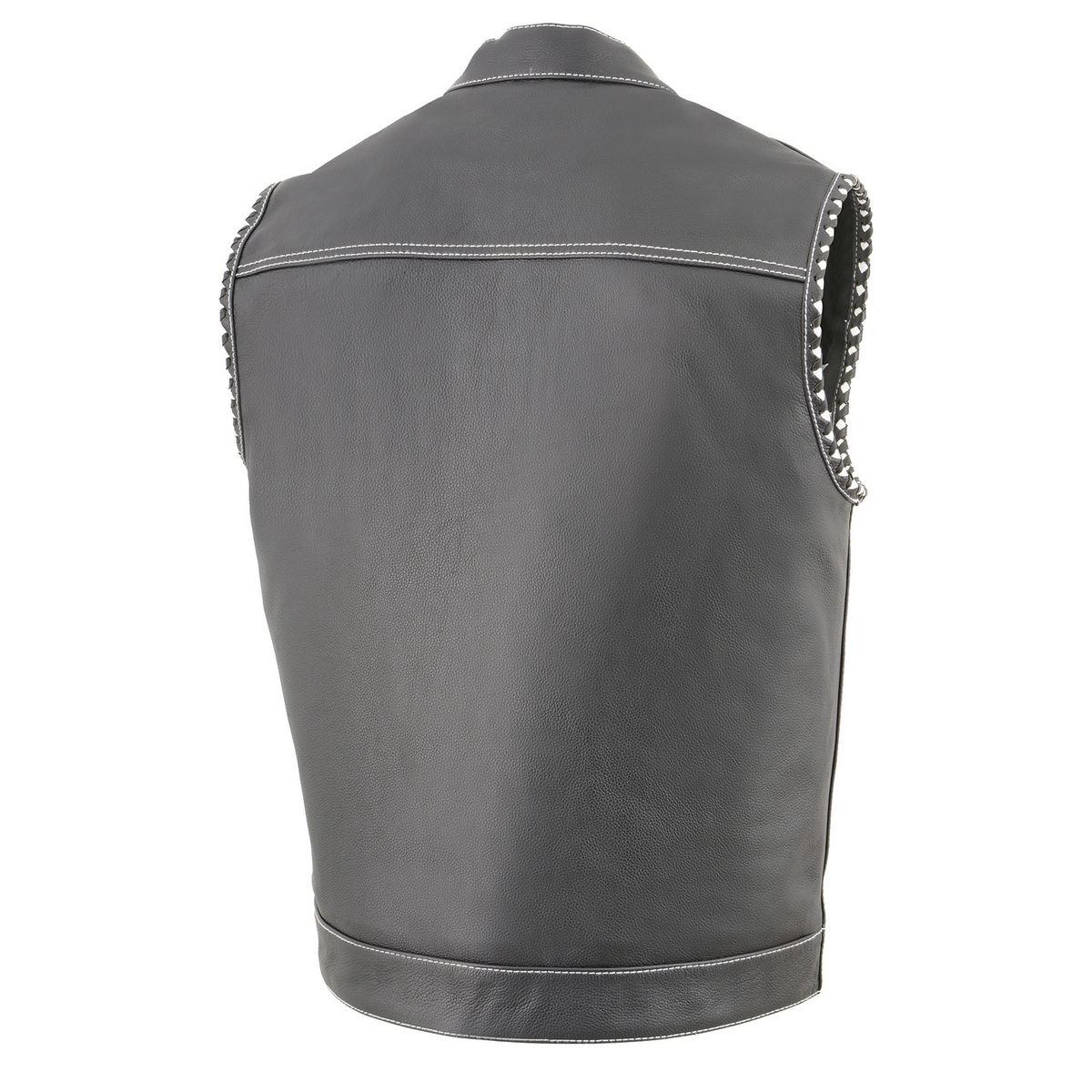 Men’s ‘Old Glory’ Black Leather Vest with White Stitching and Laced Arm Holes