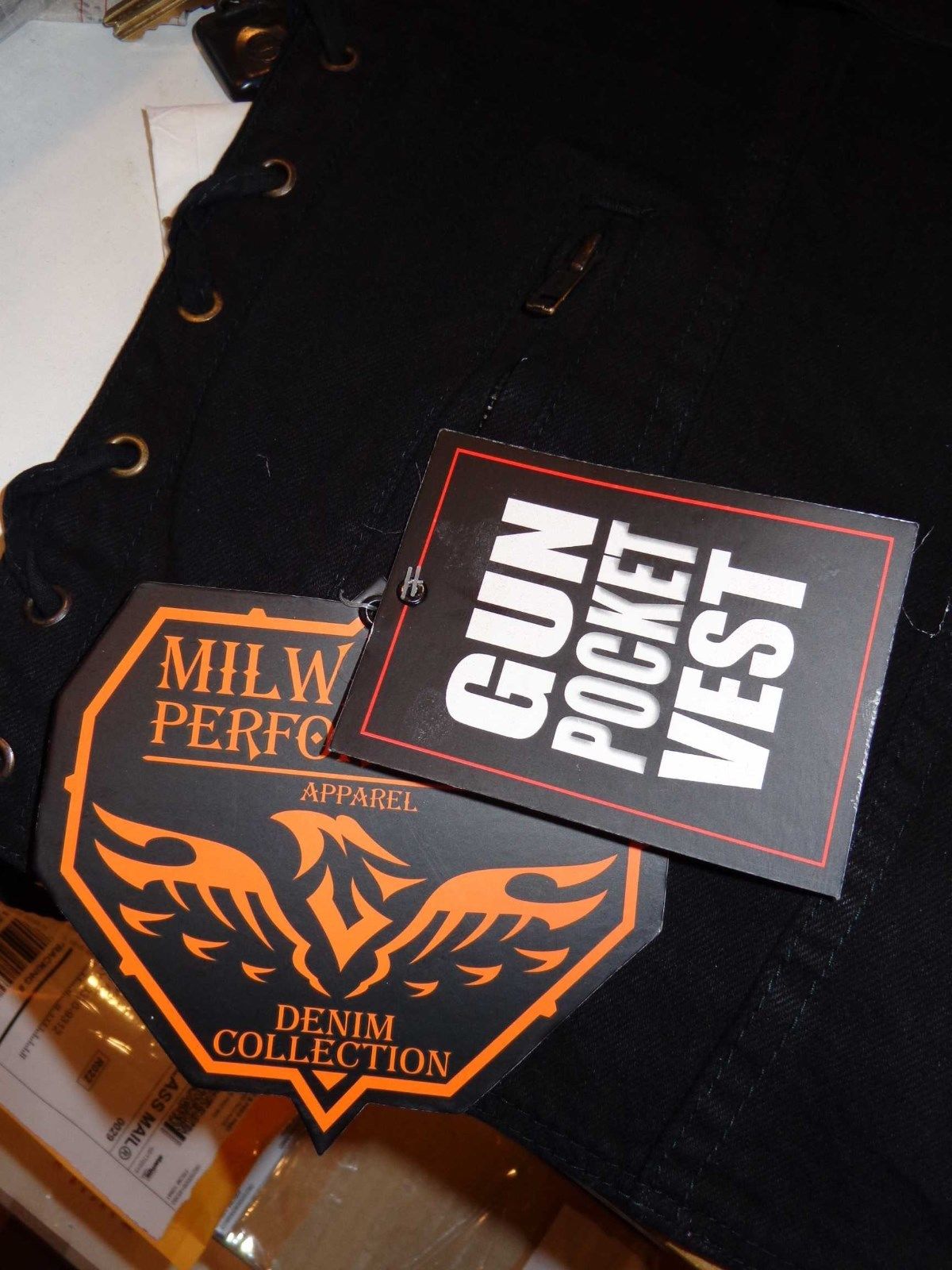 MEN'S SON OF ANARCHY BLACK DENIM COLLARLESS MOTORCYCLE VEST 1 GUN POCKET NEW