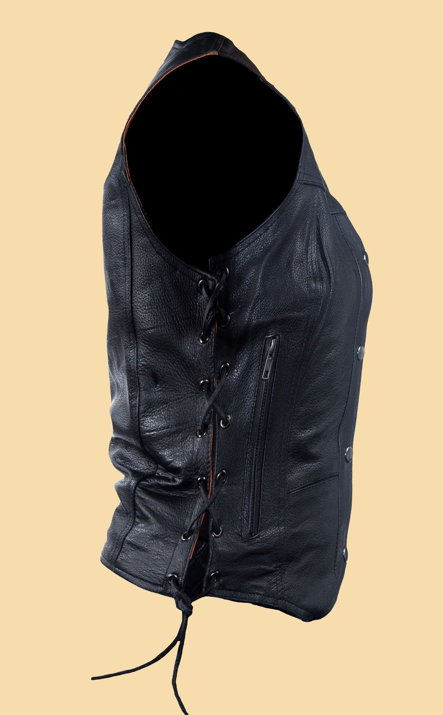 WOMEN'S 10 POCKET BLACK LEATHER VEST SIDE LACES