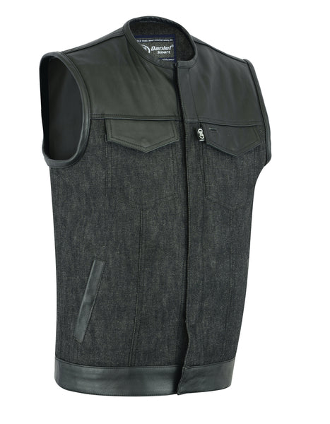 MEN’S LEATHER/DENIM COMBO VEST WITHOUT COLLAR