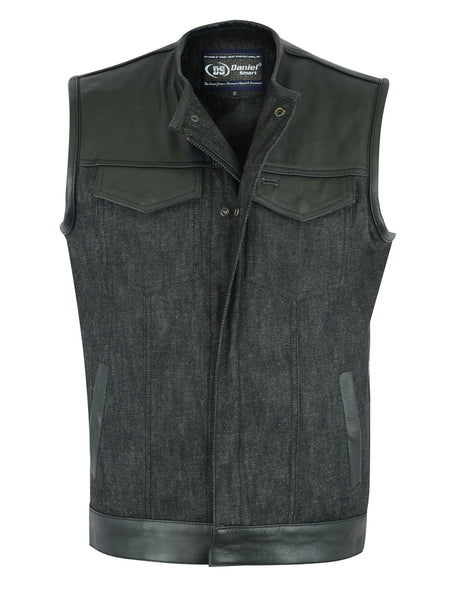 MEN’S LEATHER/DENIM COMBO VEST WITHOUT COLLAR
