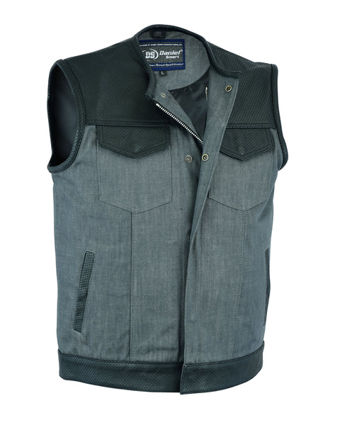 MEN’S PERFORATED LEATHER/DENIM COMBO VEST (BLACK/ ASH GRAY)