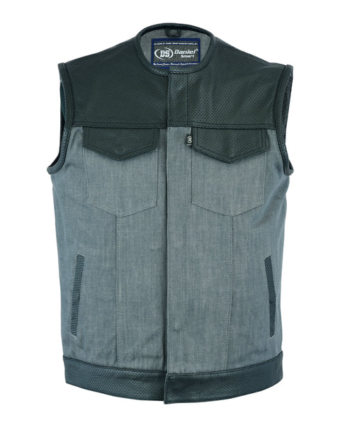 MEN’S PERFORATED LEATHER/DENIM COMBO VEST (BLACK/ ASH GRAY)