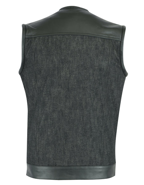 MEN’S LEATHER/DENIM COMBO VEST WITHOUT COLLAR