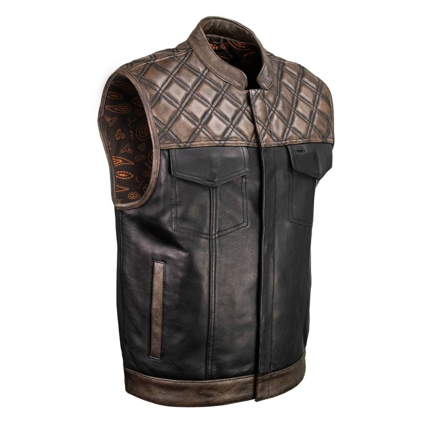 Men’s Black & Brown Paisley Lined Leather Vest – Premium Genuine Leather w/ Accent Stitching & Armhole Trim
