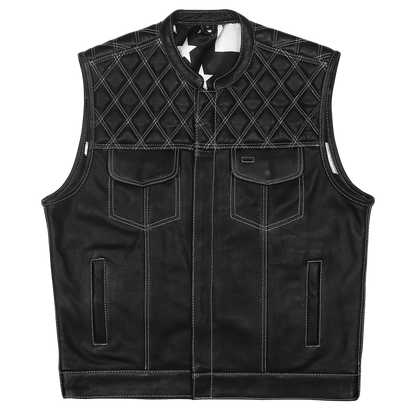 Men's Zipper and Snap Closure Leather Club Vest with American Flag Liner White Stitching