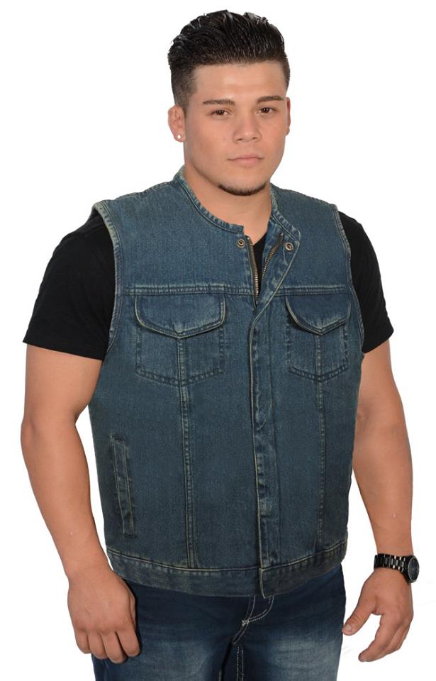 Men's Collarless Blue Denim Club Style Vest with Dual Closure