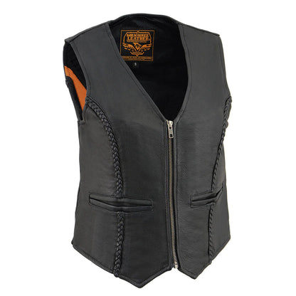 Women's Black Braided Lightweight Motorcycle Leather Vest with Zipper Closure