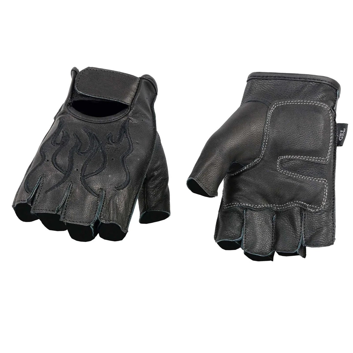 Men's Black Leather Gel Padded Palm Fingerless Motorcycle Hand Gloves W/ ‘Black Flame Embroidered’