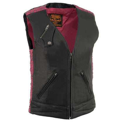 Ladies 'Crinkled' Black and Pink Lightweight Leather Vest