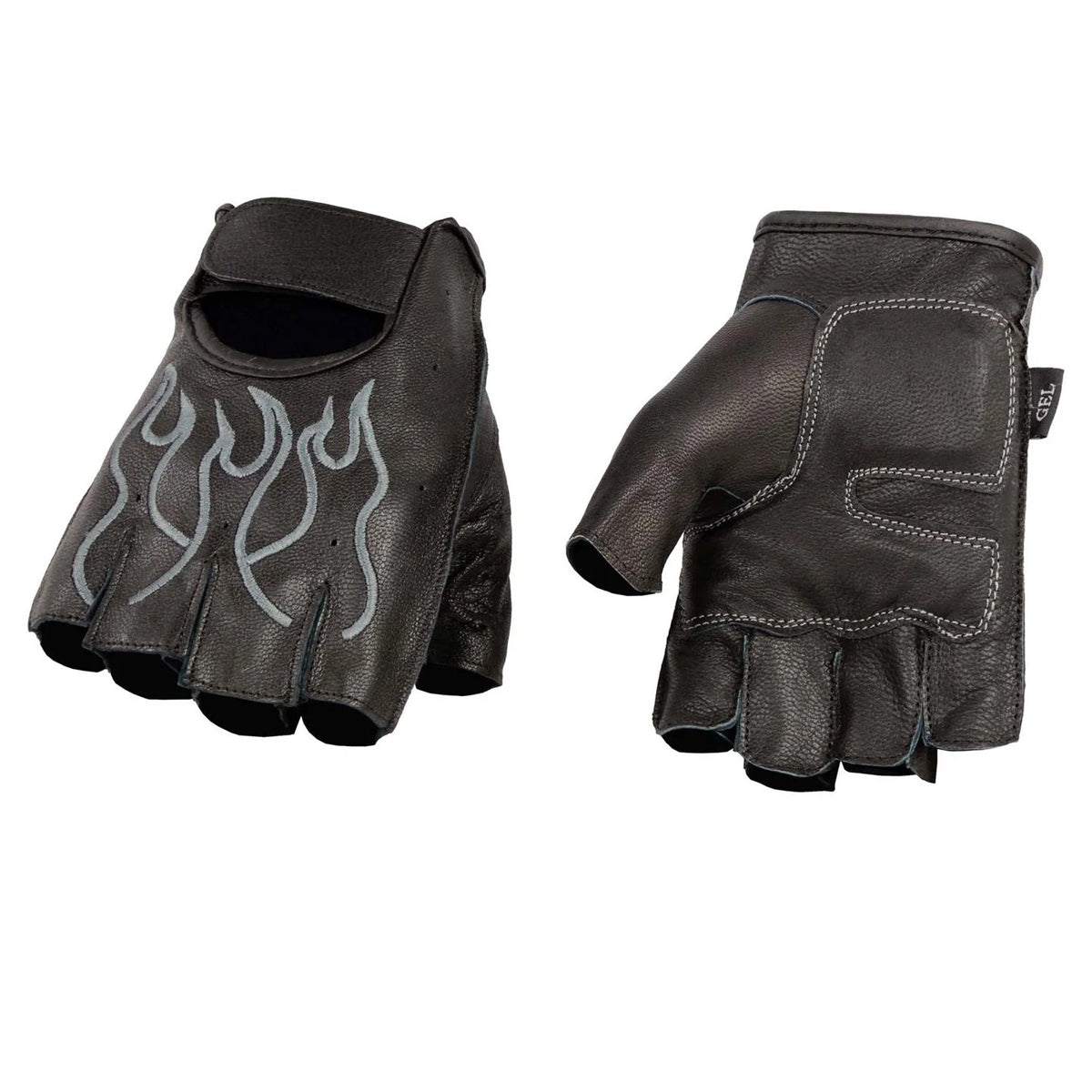 Men's Black Leather Gel Padded Palm Fingerless Motorcycle Hand Gloves W/ ‘Grey Flame Embroidered’
