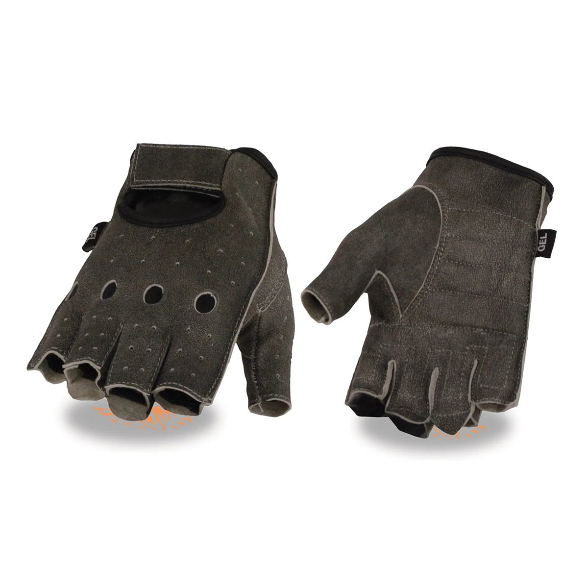 Men's Grey Leather Gel Padded Palm Fingerless Motorcycle Hand Gloves W/ Breathable ‘Open Knuckle’