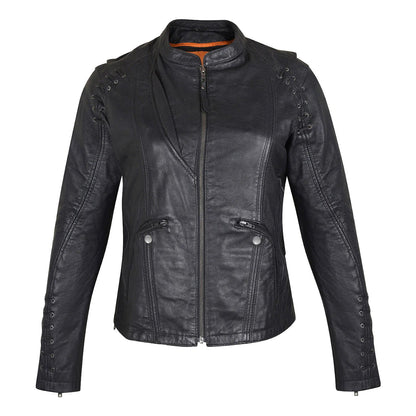 Ladies Lightweight Black Goatskin Jacket w/ Grommeted Twill and Lace Highlights