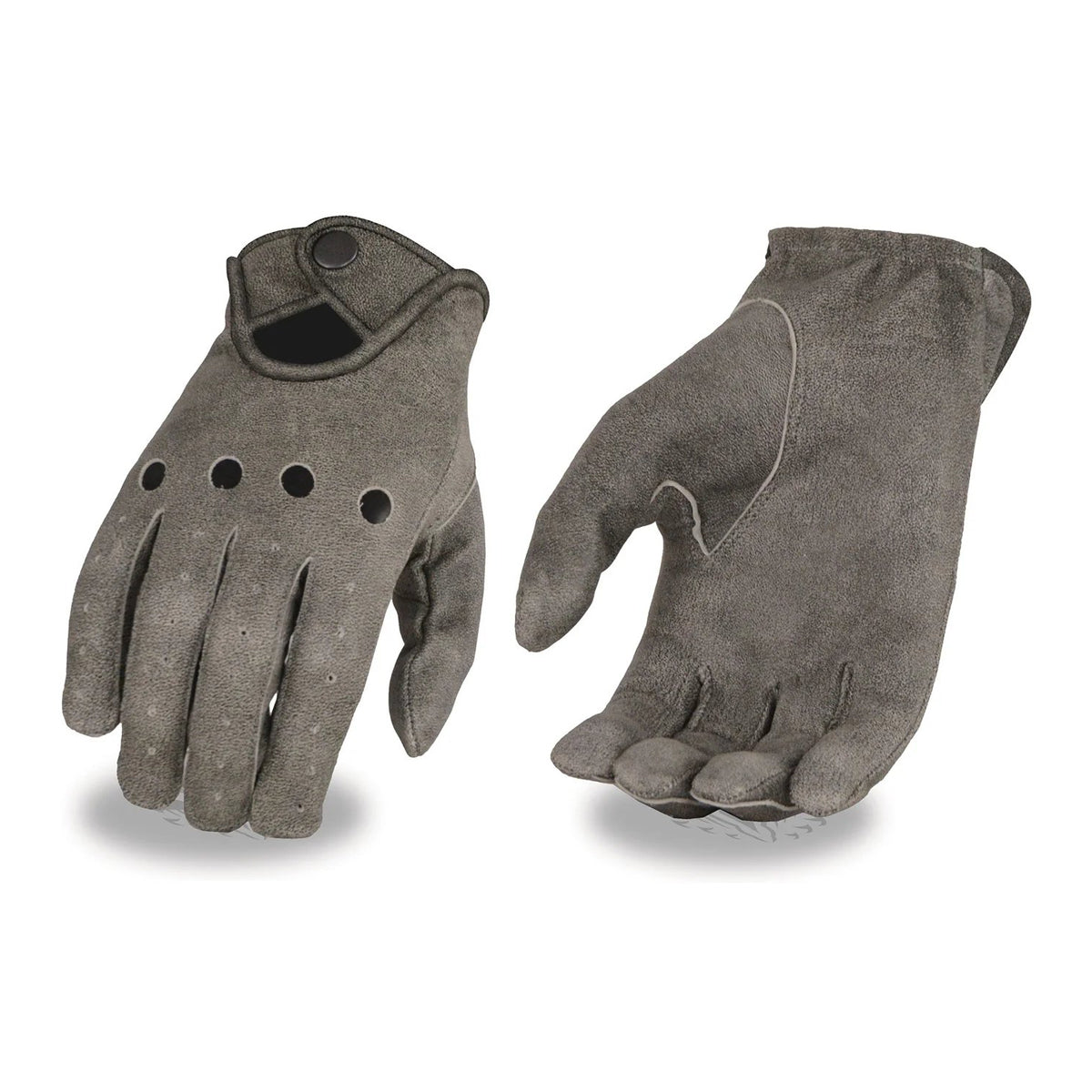 Men's Grey Perforated Leather Full Finger Motorcycle Hand Gloves W/ Breathable ‘Open Knuckle’