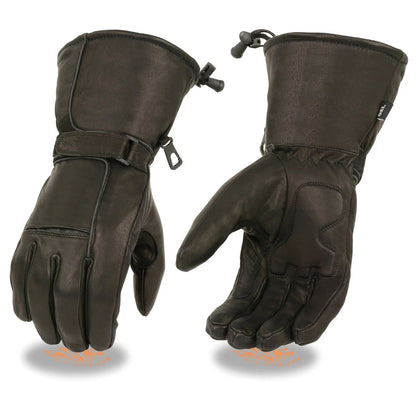 Men's Black Leather Waterproof Gel Palm Gauntlet Gloves