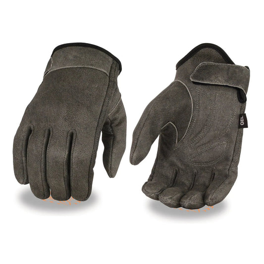 Men's Grey Leather Gel Padded Palm Short Wrist Motorcycle Hand Gloves W/ ‘Full Panel Cover’