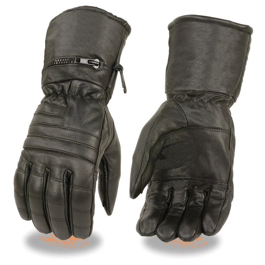 Men's Black Leather Warm Lining Gauntlet Motorcycle Hand Gloves W/ ‘Rain Mitten and Pull-on Closure’