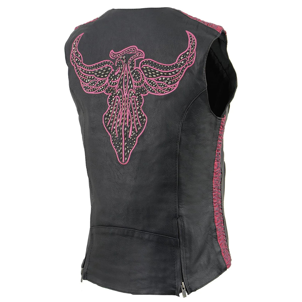 Ladies Black and Fuchsia 'Studded Phoenix' Leather Vest