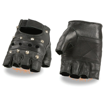 Men's Black Leather Gel Padded Palm Fingerless Motorcycle Hand Gloves W/ ‘Open Knuckle’ & Detailing