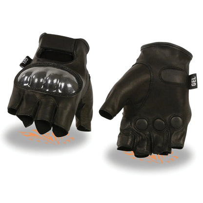 Men's Black Leather Gel Padded Fingerless Motorcycle Hand Gloves W/ ’Hard Knuckle’ For Protection
