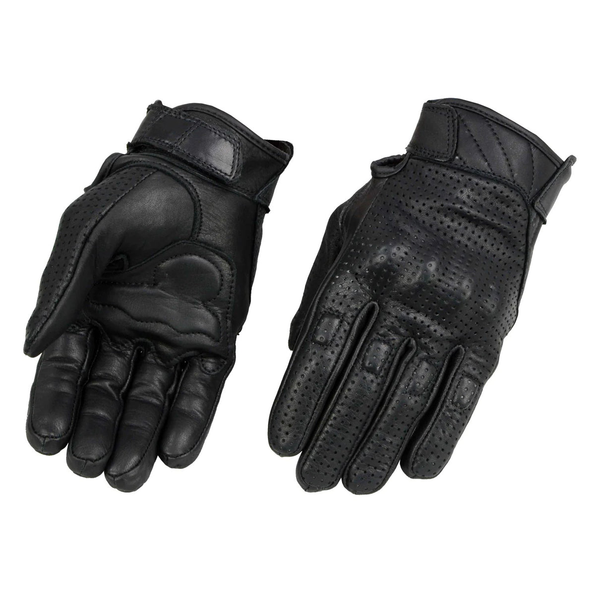 Men's Black Perforated Leather Gel Padded Palm Motorcycle Hand Gloves W/ 'Rubberized Hard Knuckle’ For Protection