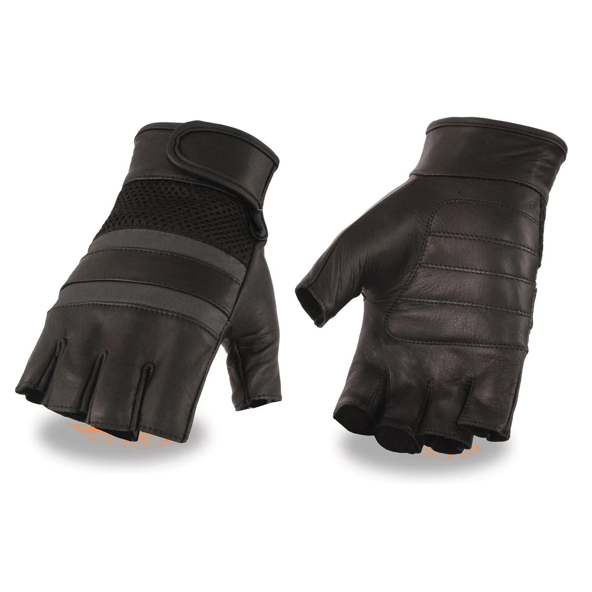 Men's Black Leather Mesh Gel Palm Fingerless Motorcycle Hand Gloves W/ ‘Reflective Bands’