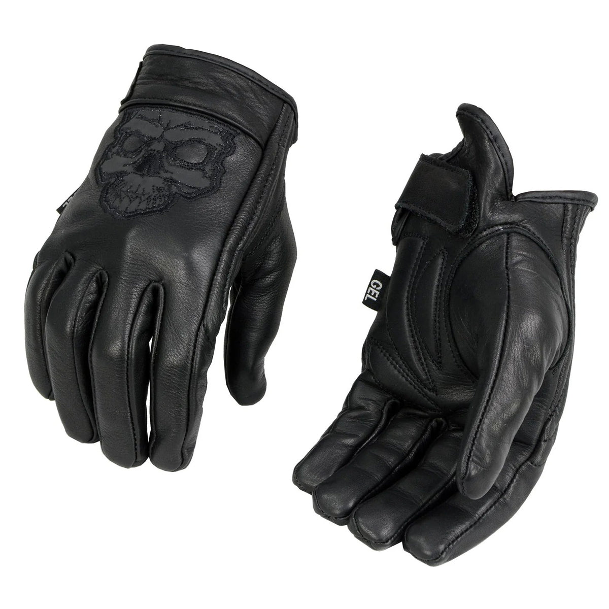 Men's Black Leather ‘Reflective Skull’ Motorcycle Hand Gloves W/ Gel Padded Palm