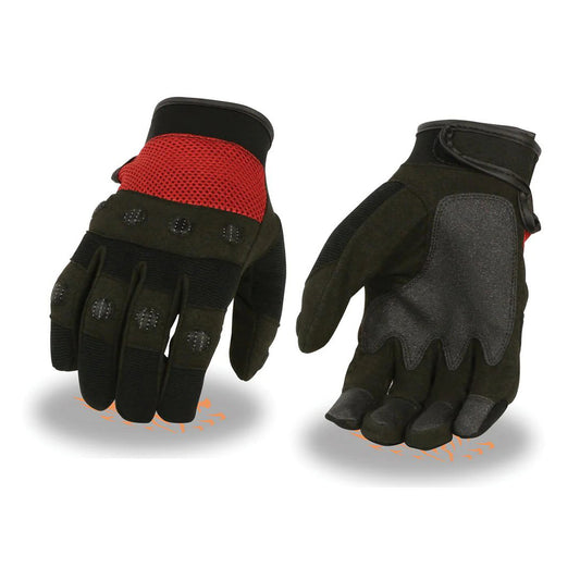 Men's Black and Red Textile Mesh Motorcycle Mechanics Hand Gloves W/ Amara Cloth Bottom