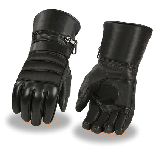 Men's Black Leather Warm Lining Gauntlet Motorcycle Hand Gloves W/ Rain Mitten and Adjustable Strap
