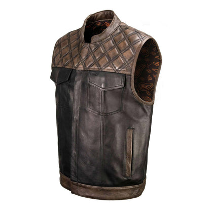 Men’s Black & Brown Paisley Lined Leather Vest – Premium Genuine Leather w/ Accent Stitching & Armhole Trim
